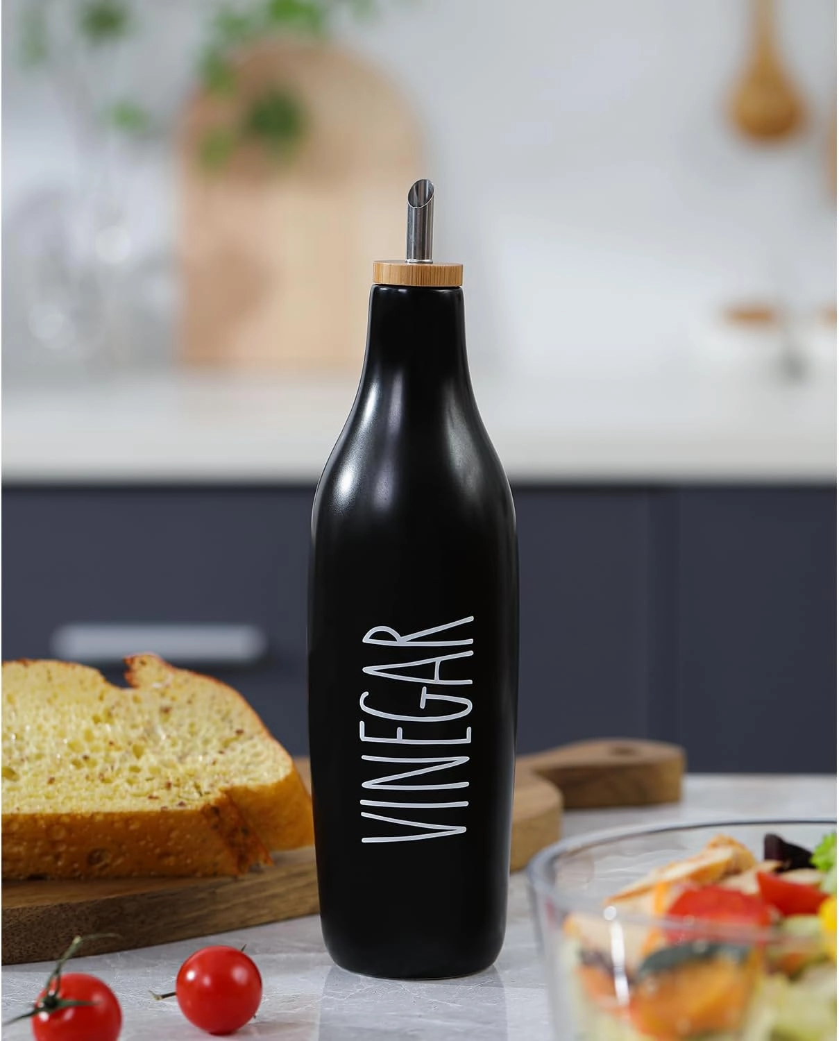 HOMCDALY Ceramic Olive Oil Dispenser for Kitchen, Stoneware 16oz Oil and Vinegar Bottles Dispenser, Kitchen Dispenser Bottle for EVOO Vinegar Syrups, Modern Farmhouse Design(B-V)