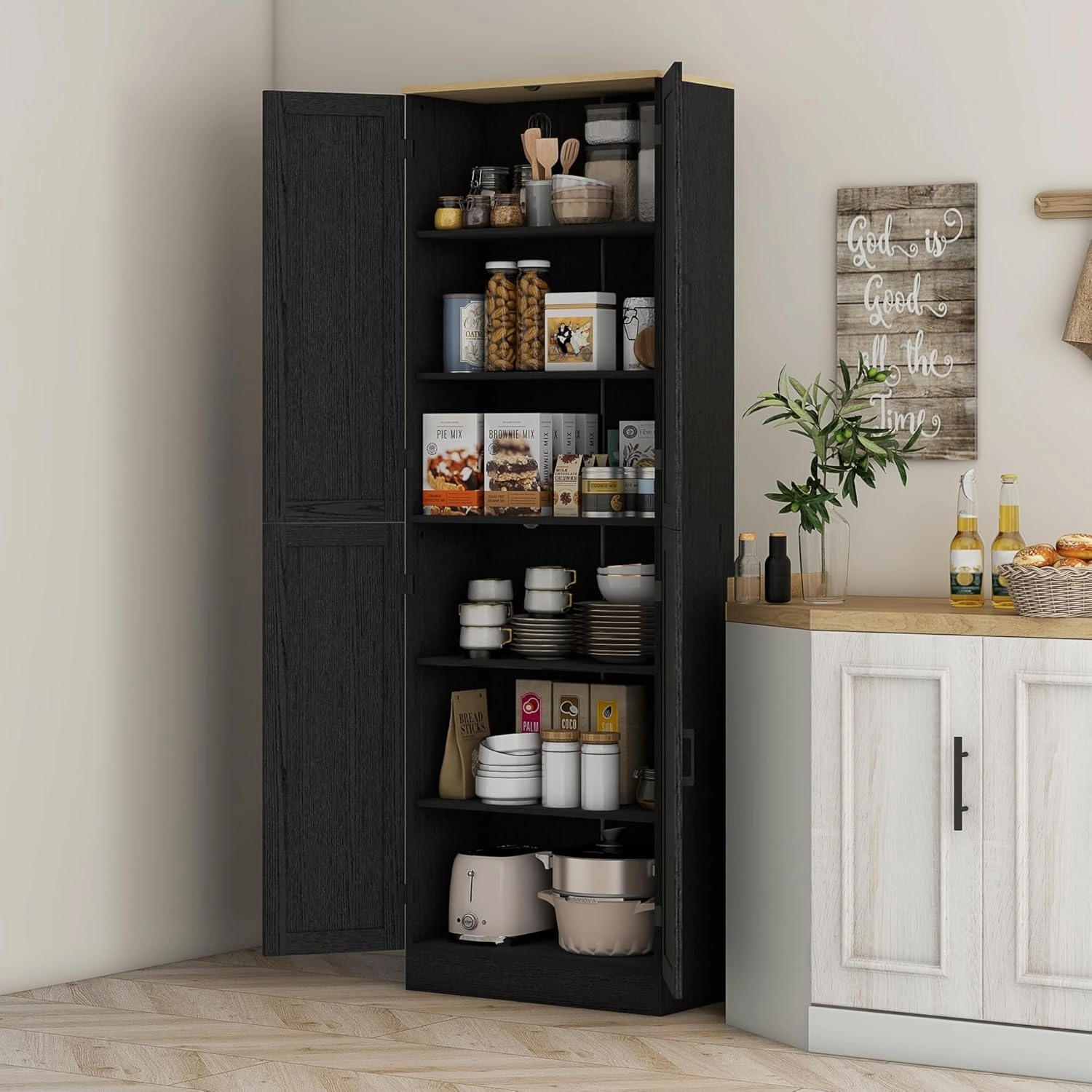 HOMCOM 67" Freestanding Kitchen Pantry, 4-Door Storage Cabinet Organizer with Adjustable Shelves, Kitchen Cabinet with Doors and Shelves, Distressed Black