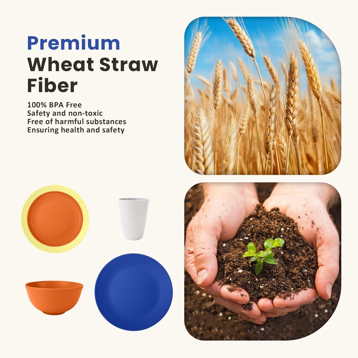 Homienly 40-Piece Wheat Straw Dinnerware Sets, Unbreakable Reusable Dinnerware Set, Service for 8, Kitchen Cups Plates and Bowls Set, Dishwasher Microwave Safe Dishes Set for Camping, Party - Mondrian