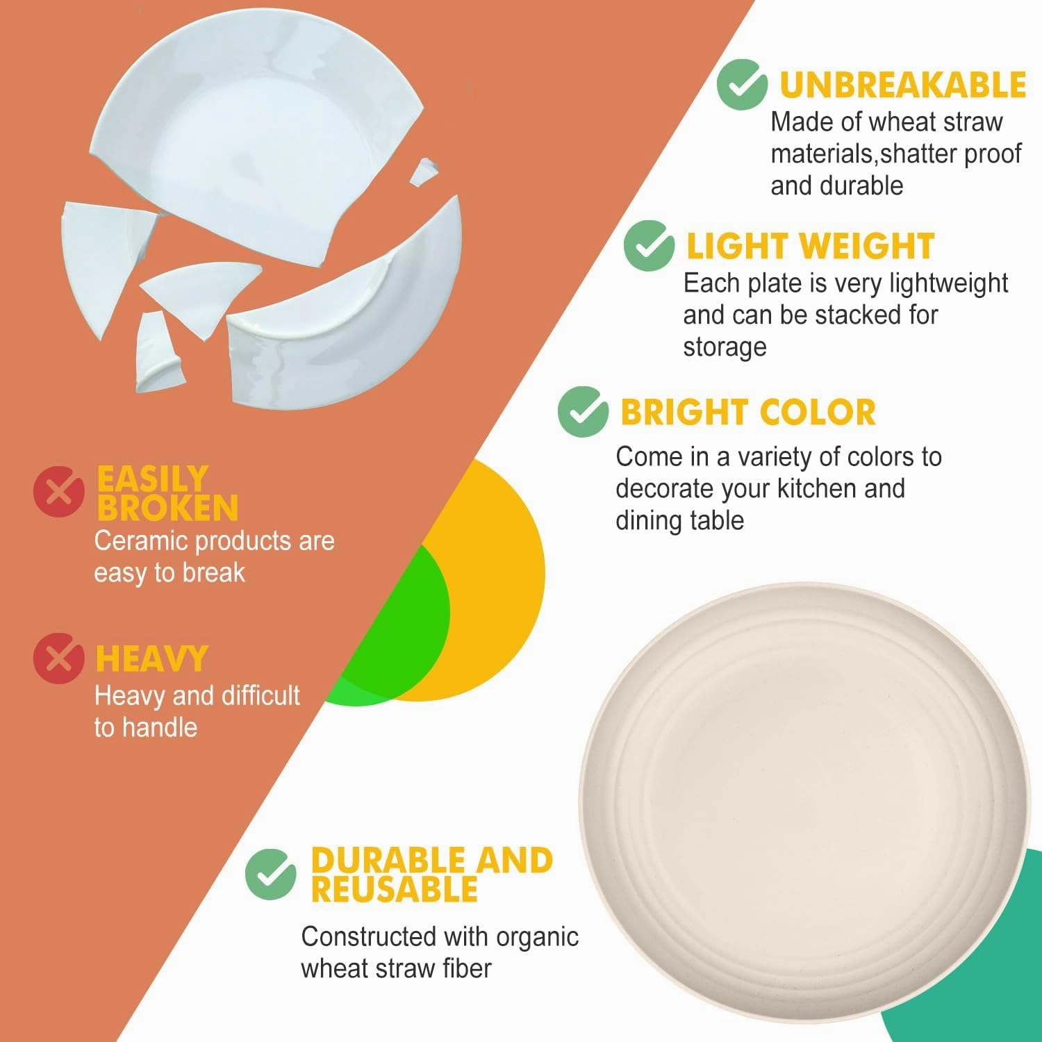 Homienly Dinner Plates Wheat Straw Plates Set of 8 Alternative for Plastic Plates Unbreakable Dinner Plates Set Dishwasher and Microwave Safe Plates for Kitchen, Camping, Outdoor Plates(Beige, 9 inch)