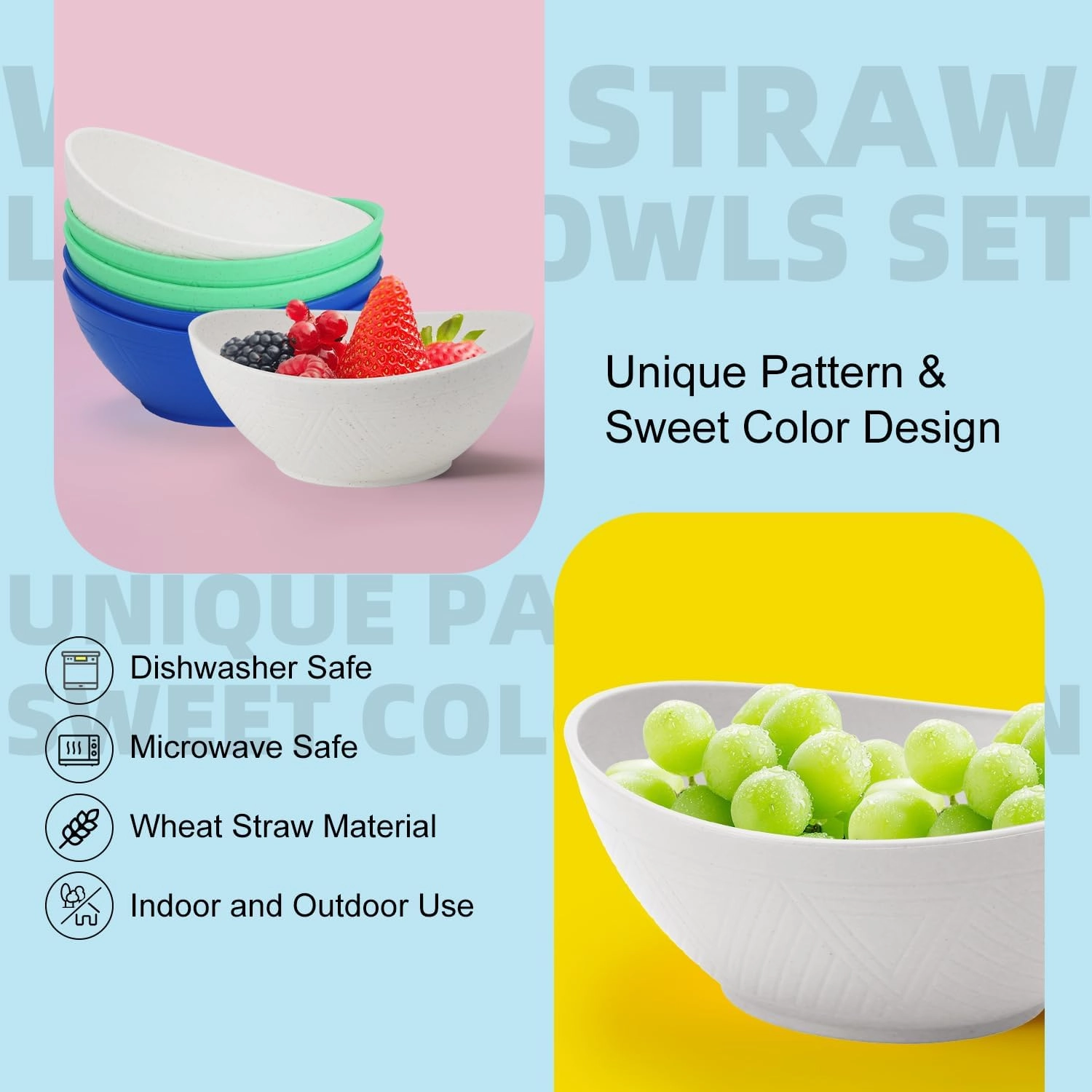 Homienly Wheat Straw Cereal Bowls Set of 6, Unbreakable 26 OZ Oval Bowls for Kitchen, Camping, Party, Lightweight Alternative to Plastic Bowl, Microwave and Dishwasher Safe Bowl Set - Island Series
