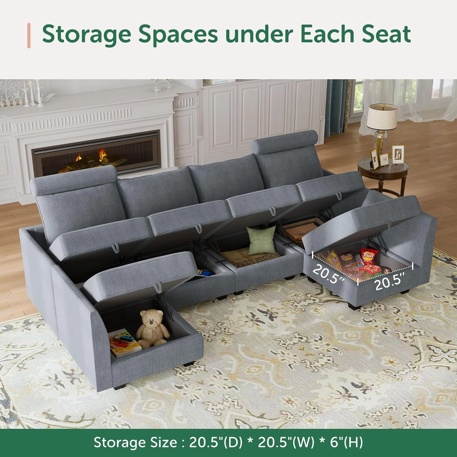 HONBAY Convertible Sleeper Sectional Sofa Bed Modular Sofa with Storage Seat Reversible Sectional Sleeper Sofa Set with Modular Sectional Couch Bed, Bluish Grey