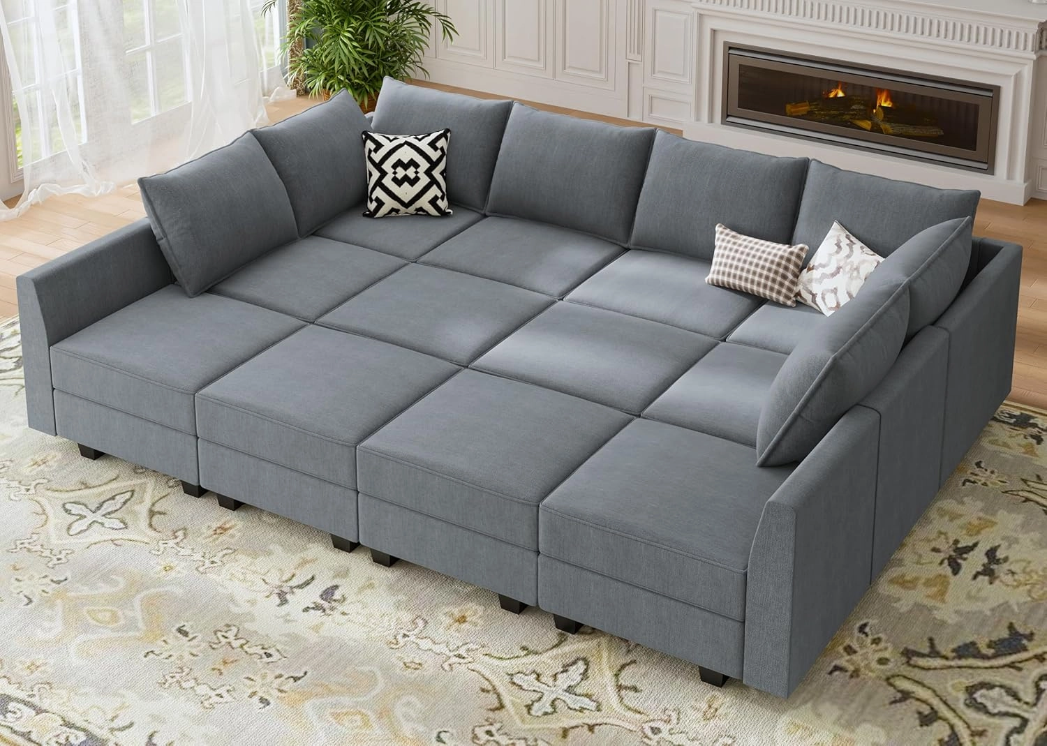 HONBAY Convertible Sleeper Sectional Sofa Bed Modular Sofa with Storage Seat Reversible Sectional Sleeper Sofa Set with Modular Sectional Couch Bed, Bluish Grey