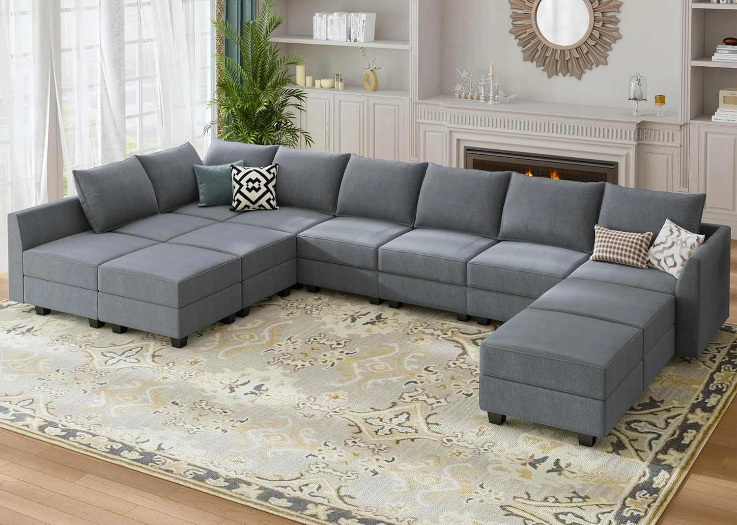 HONBAY Convertible Sleeper Sectional Sofa Bed Modular Sofa with Storage Seat Reversible Sectional Sleeper Sofa Set with Modular Sectional Couch Bed, Bluish Grey