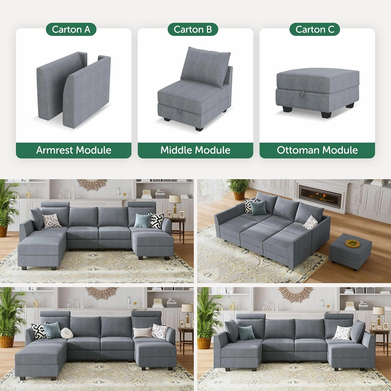 HONBAY Convertible Sleeper Sectional Sofa Bed Modular Sofa with Storage Seat Reversible Sectional Sleeper Sofa Set with Modular Sectional Couch Bed, Bluish Grey