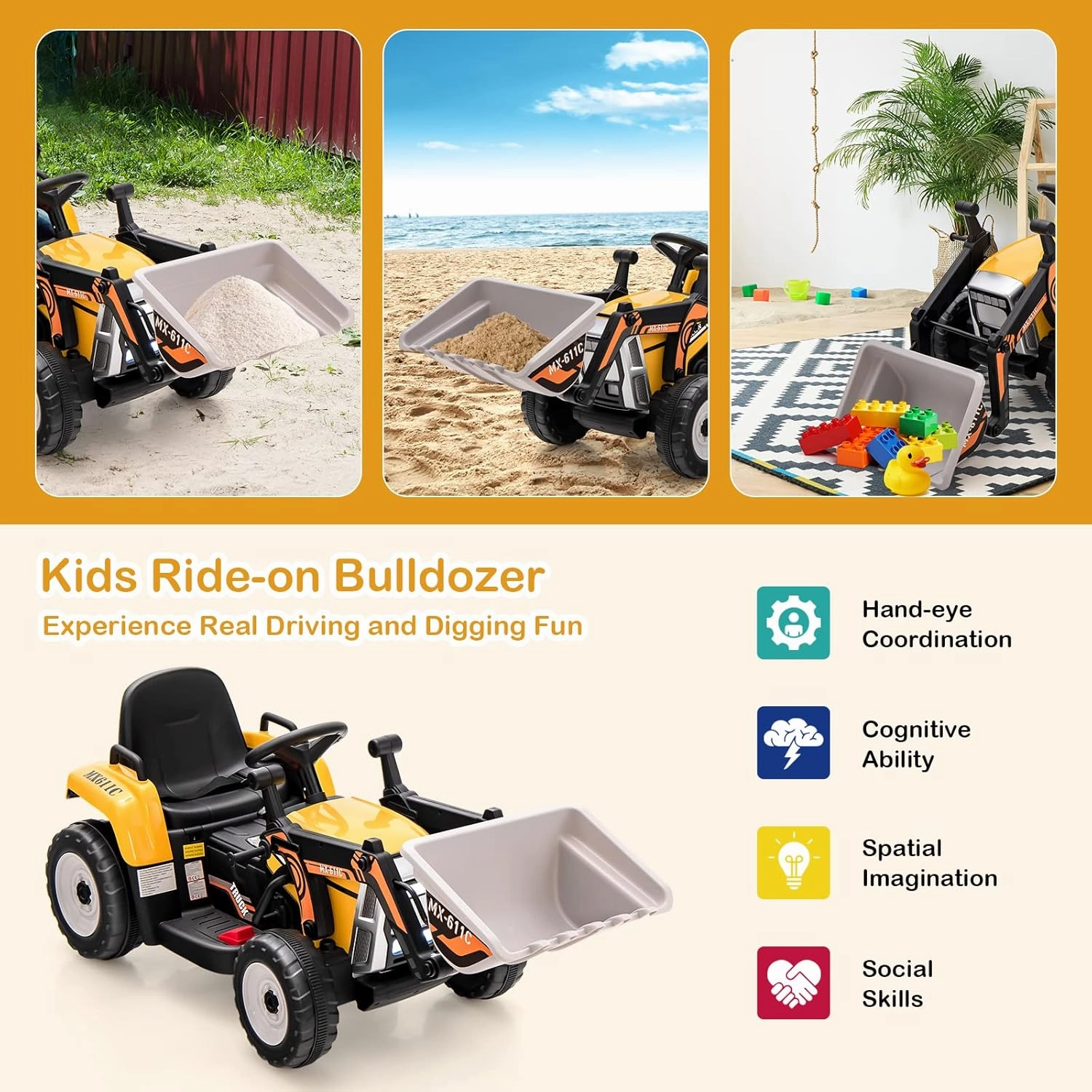 HONEY JOY Ride On Excavator, 12V Kids Bulldozer Ride On Car w/Remote Control, Electric Construction Vehicle for Kids Digger, 3 Speeds, Adjustable Digging Bucket, Ride On Tractor for Boys Girls(Yellow)