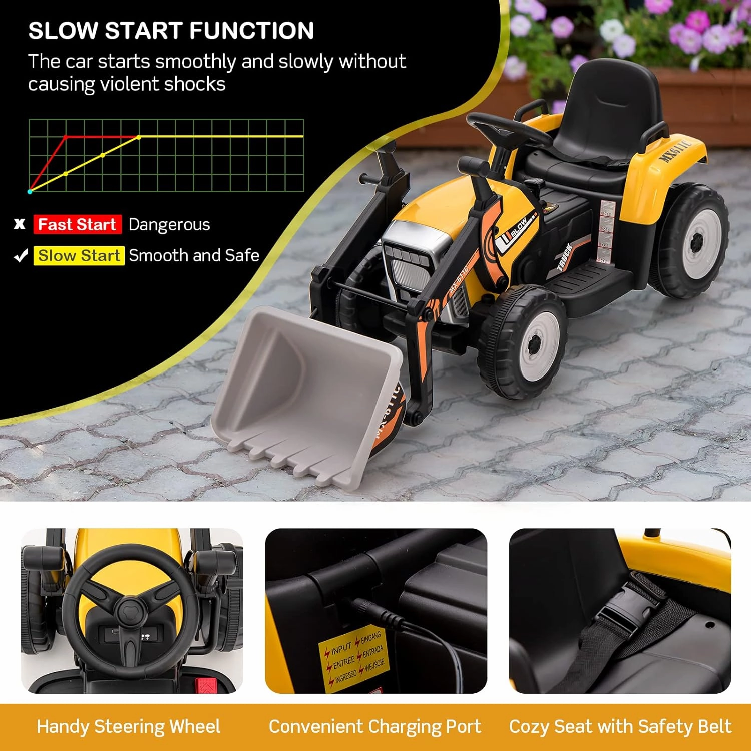 HONEY JOY Ride On Excavator, 12V Kids Bulldozer Ride On Car w/Remote Control, Electric Construction Vehicle for Kids Digger, 3 Speeds, Adjustable Digging Bucket, Ride On Tractor for Boys Girls(Yellow)