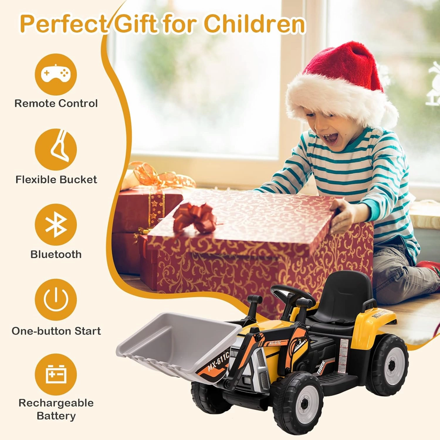 HONEY JOY Ride On Excavator, 12V Kids Bulldozer Ride On Car w/Remote Control, Electric Construction Vehicle for Kids Digger, 3 Speeds, Adjustable Digging Bucket, Ride On Tractor for Boys Girls(Yellow)