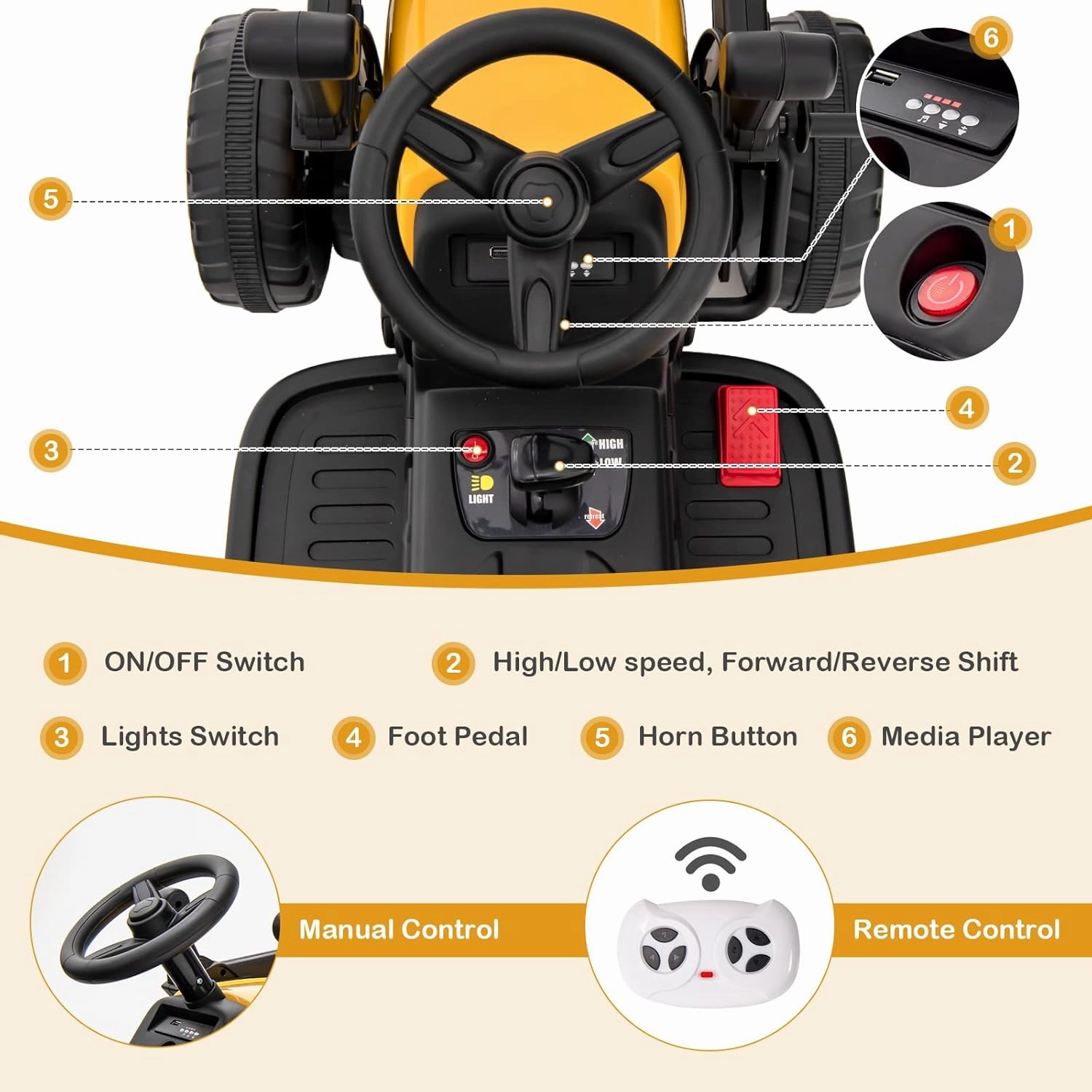 HONEY JOY Ride On Excavator, 12V Kids Bulldozer Ride On Car w/Remote Control, Electric Construction Vehicle for Kids Digger, 3 Speeds, Adjustable Digging Bucket, Ride On Tractor for Boys Girls(Yellow)