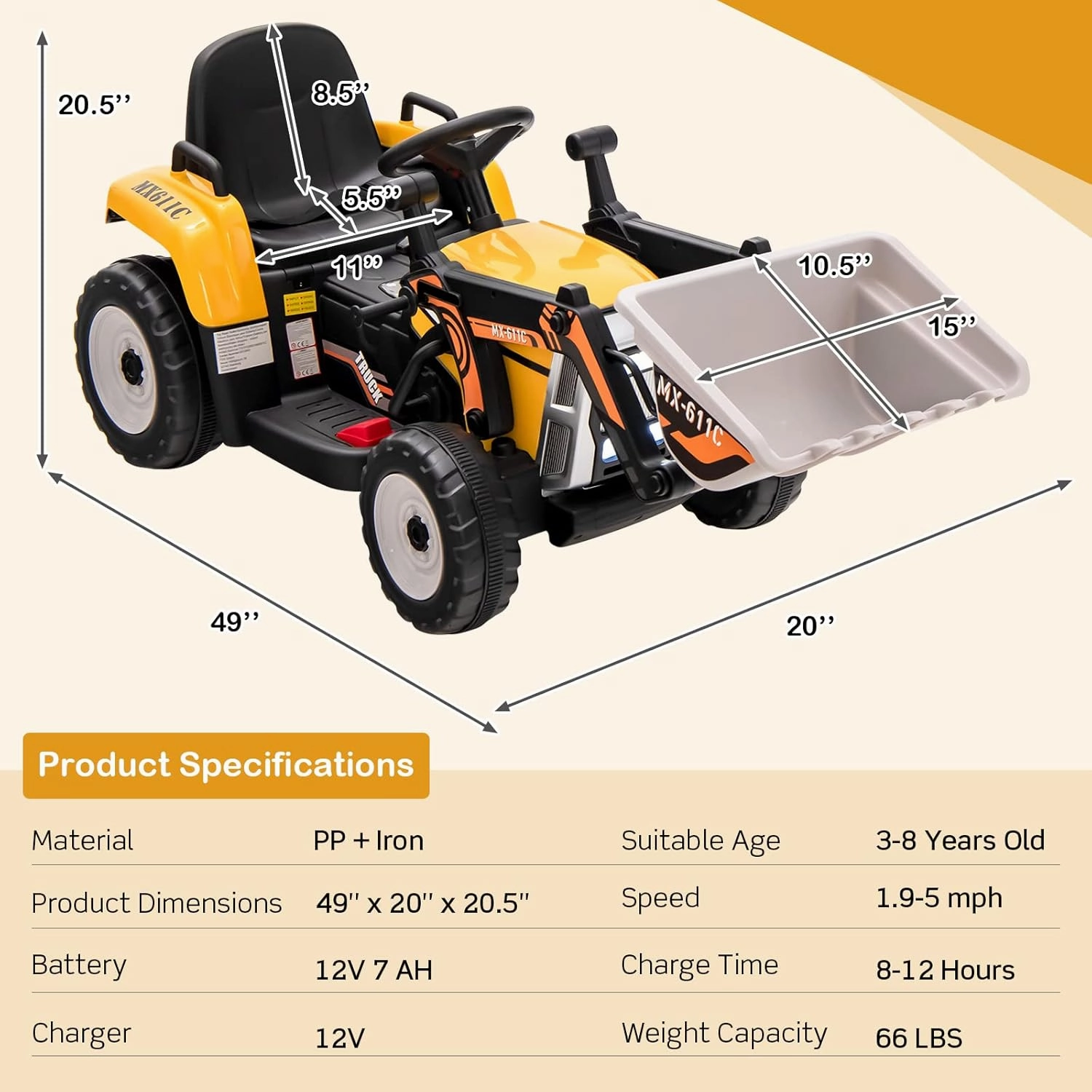HONEY JOY Ride On Excavator, 12V Kids Bulldozer Ride On Car w/Remote Control, Electric Construction Vehicle for Kids Digger, 3 Speeds, Adjustable Digging Bucket, Ride On Tractor for Boys Girls(Yellow)