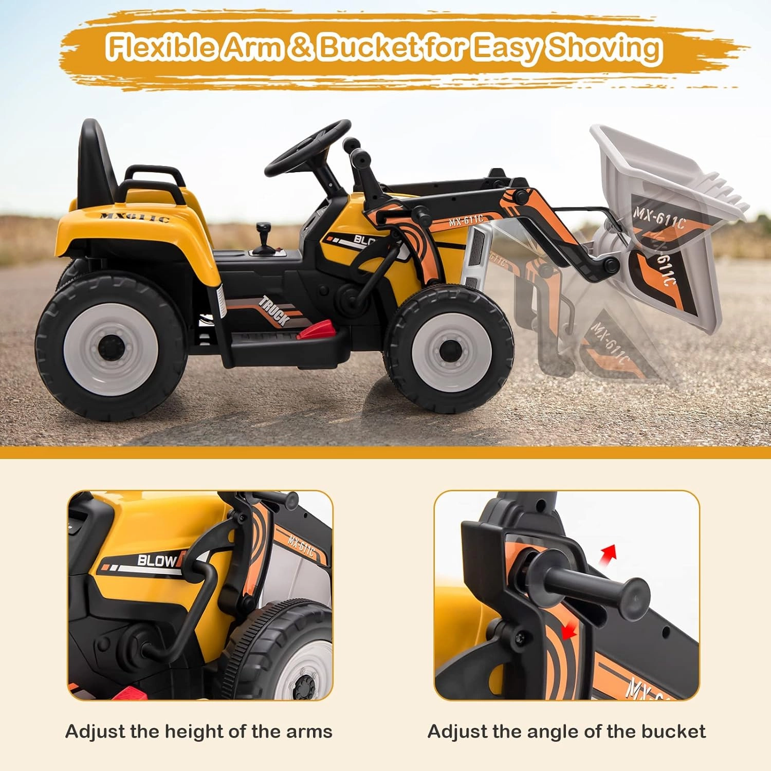 HONEY JOY Ride On Excavator, 12V Kids Bulldozer Ride On Car w/Remote Control, Electric Construction Vehicle for Kids Digger, 3 Speeds, Adjustable Digging Bucket, Ride On Tractor for Boys Girls(Yellow)
