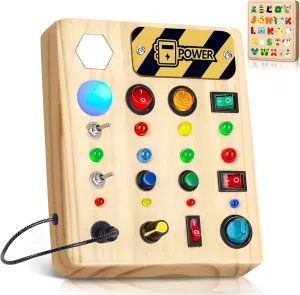 HONGDDY Wooden Sensory Busy Board for Toddler, Airplane-shaped Montessori Music Toy, Light Switch Activity Toy for Boys & Girls