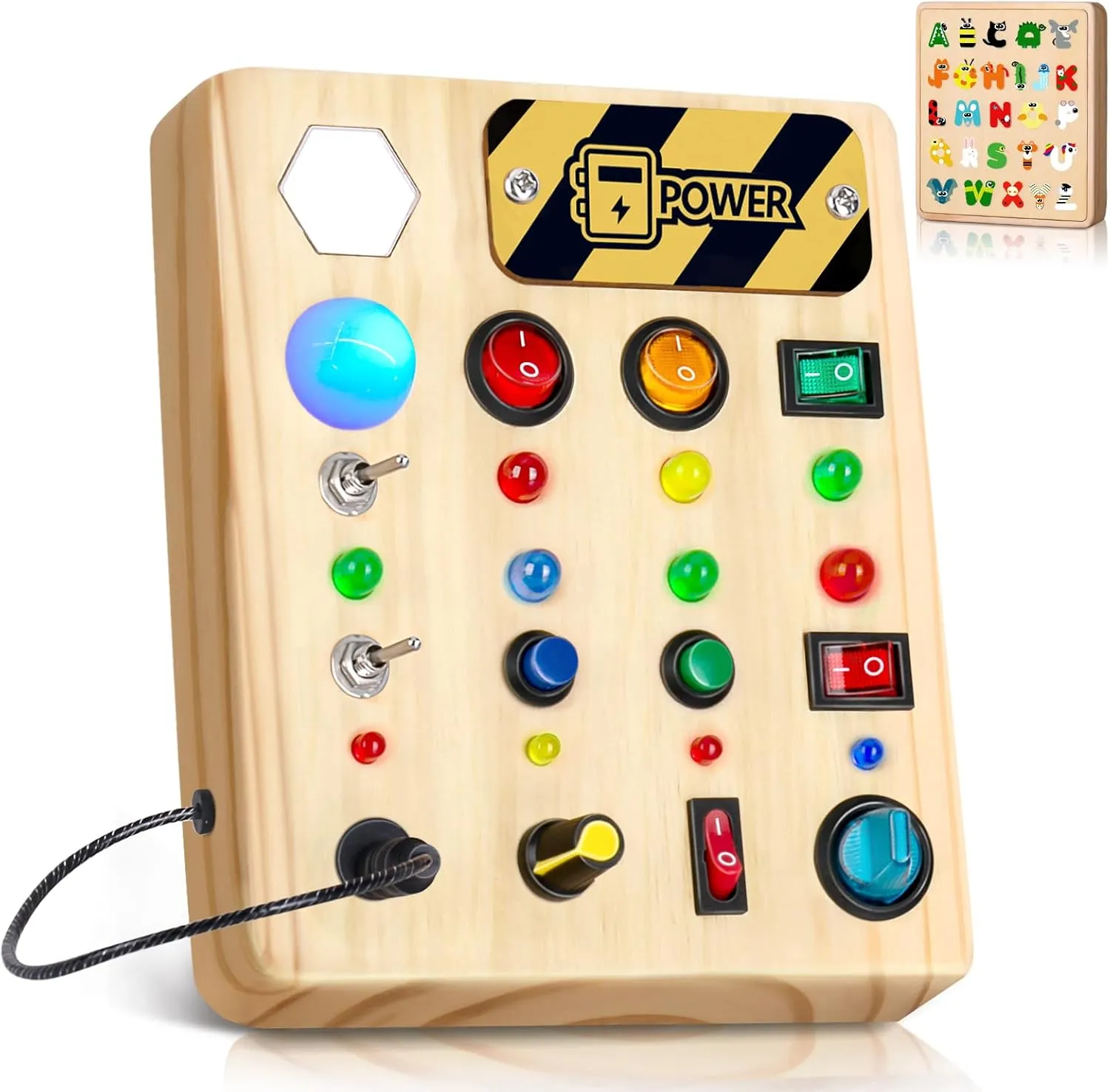 HONGDDY Wooden Sensory Busy Board for Toddler, Airplane-shaped Montessori Music Toy, Light Switch Activity Toy for Boys & Girls