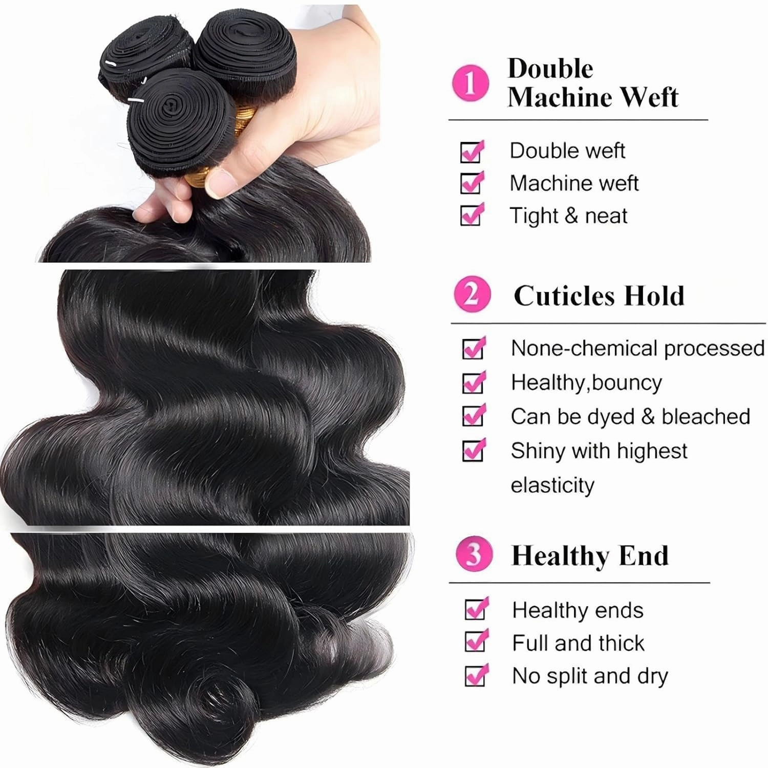Human Hair Bundles Natural Black Color Body Wave Brazilian Unprocessed Virgin Human Hair Quick Weave Extensions (18 20 22 Inch Natural Body Wave)