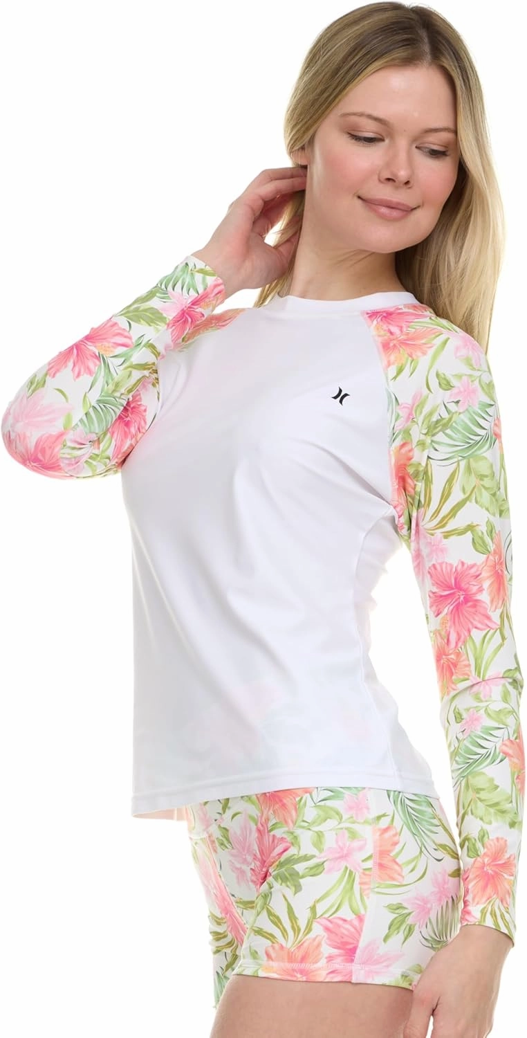 Hurley Womens Two Piece Rash Guard & Swim Shorts, Long Sleeve Swim Shirt, Quick Dry Swimsuits UPF 50  SPF Sun & UV Protection