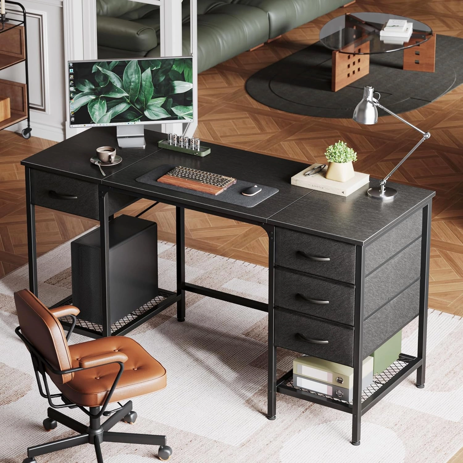 Huuger 55 Inch Computer Desk with 4 Drawers and Mesh Shelf, Gaming and Work Desk for Home Office, Study, Bedroom, Work from Home