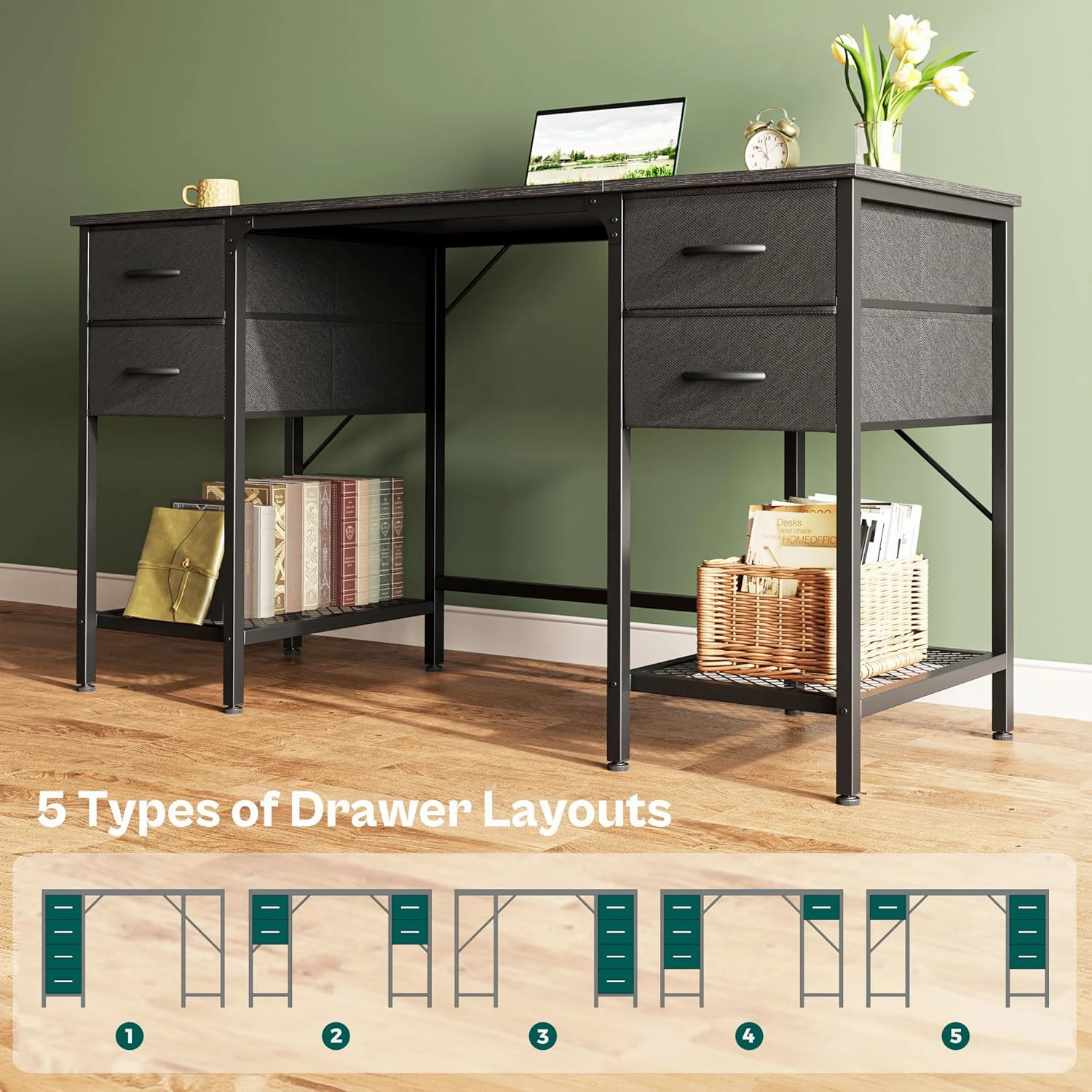 Huuger 55 Inch Computer Desk with 4 Drawers and Mesh Shelf, Gaming and Work Desk for Home Office, Study, Bedroom, Work from Home