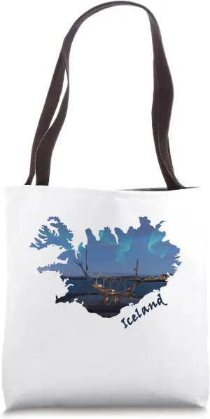 Icelandic Viking Ship & Aurora Skyline within Iceland Map Tote Bag