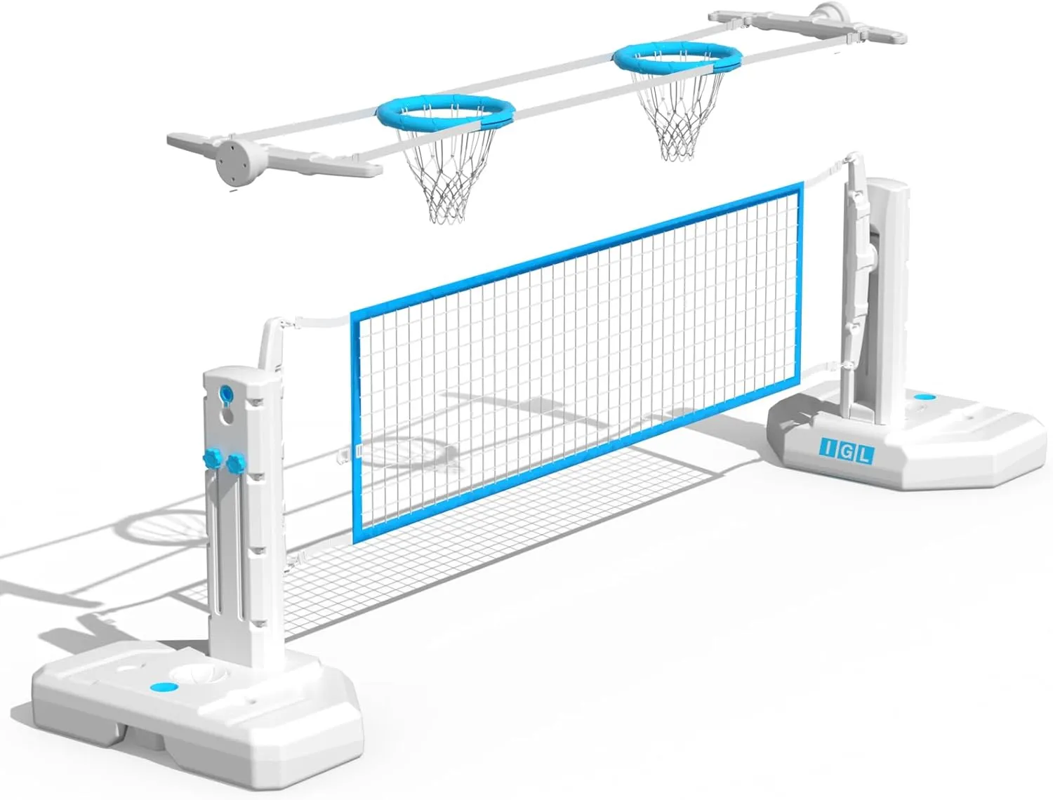 IGL 2 in 1 Pool Basketball Hoop & Volleyball Net Set, Height Adjustable Poolside Basketball Hoop, Pool Volleyball Net Set with Fillable Base & Poles, Includes 2 Volleyballs, 2 Basketballs and Pump