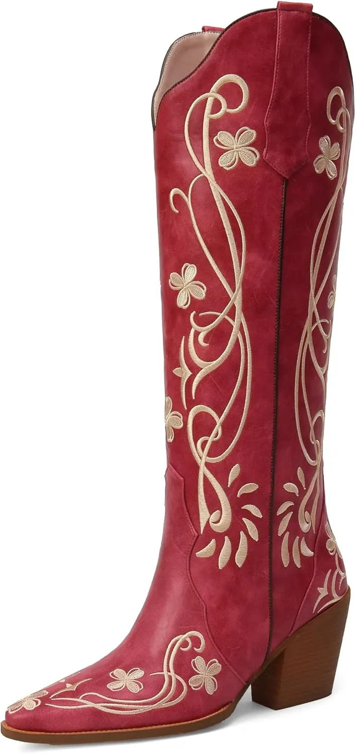 iiimmu Cowgirl Boots Women Knee High Vintage Cowboy Boots with Floral Embroidered Classic Pull On Design Western Footwear