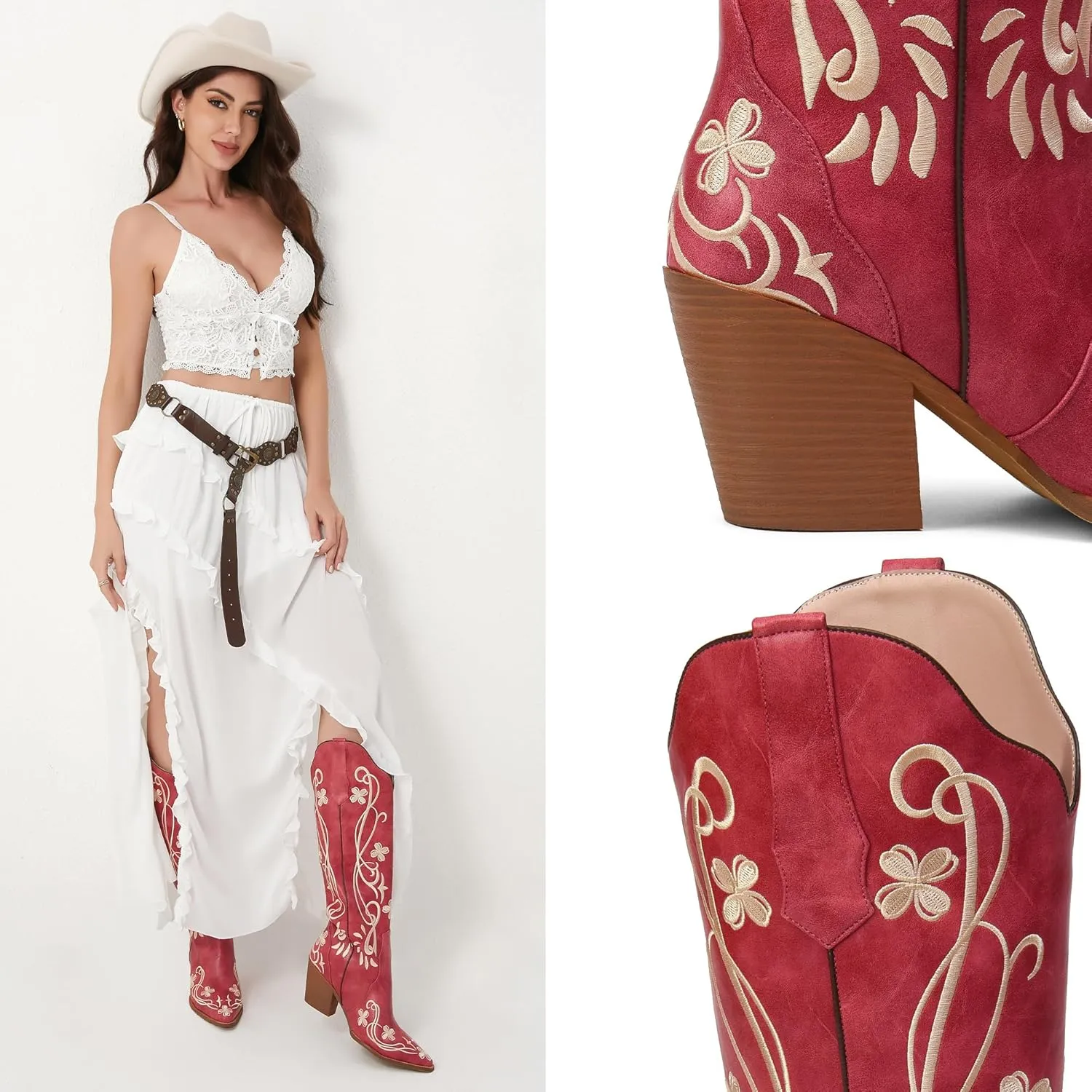 iiimmu Cowgirl Boots Women Knee High Vintage Cowboy Boots with Floral Embroidered Classic Pull On Design Western Footwear