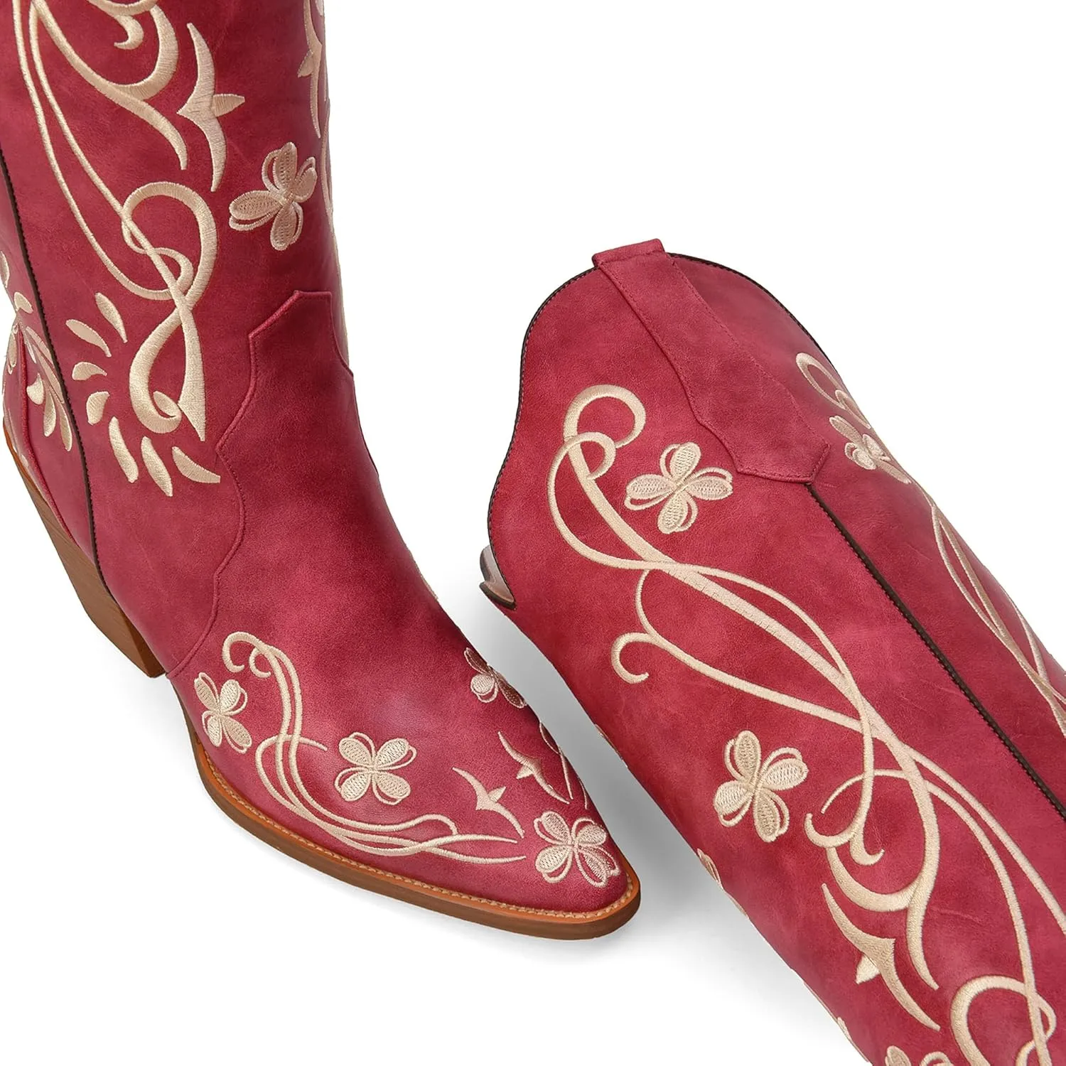 iiimmu Cowgirl Boots Women Knee High Vintage Cowboy Boots with Floral Embroidered Classic Pull On Design Western Footwear