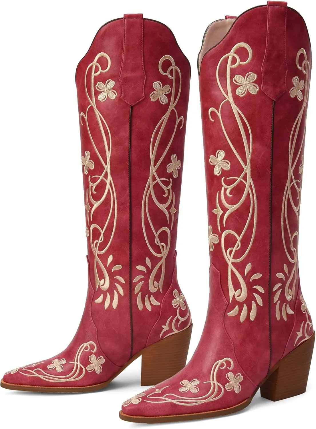 iiimmu Cowgirl Boots Women Knee High Vintage Cowboy Boots with Floral Embroidered Classic Pull On Design Western Footwear