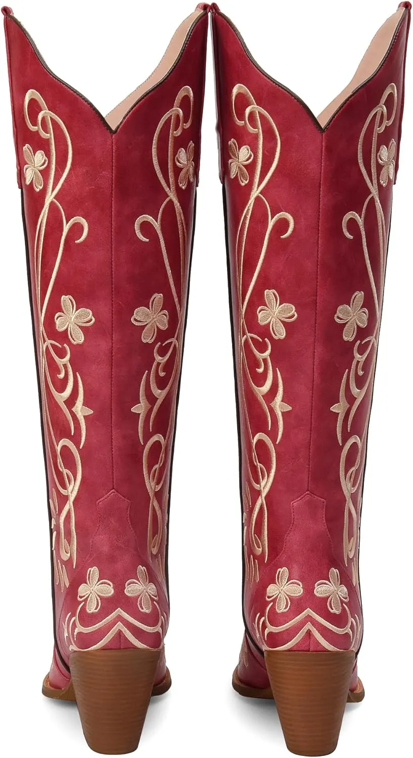 iiimmu Cowgirl Boots Women Knee High Vintage Cowboy Boots with Floral Embroidered Classic Pull On Design Western Footwear