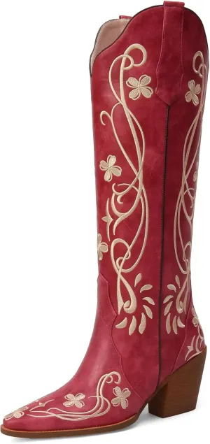 iiimmu Cowgirl Boots Women Knee High Vintage Cowboy Boots with Floral Embroidered Classic Pull On Design Western Footwear