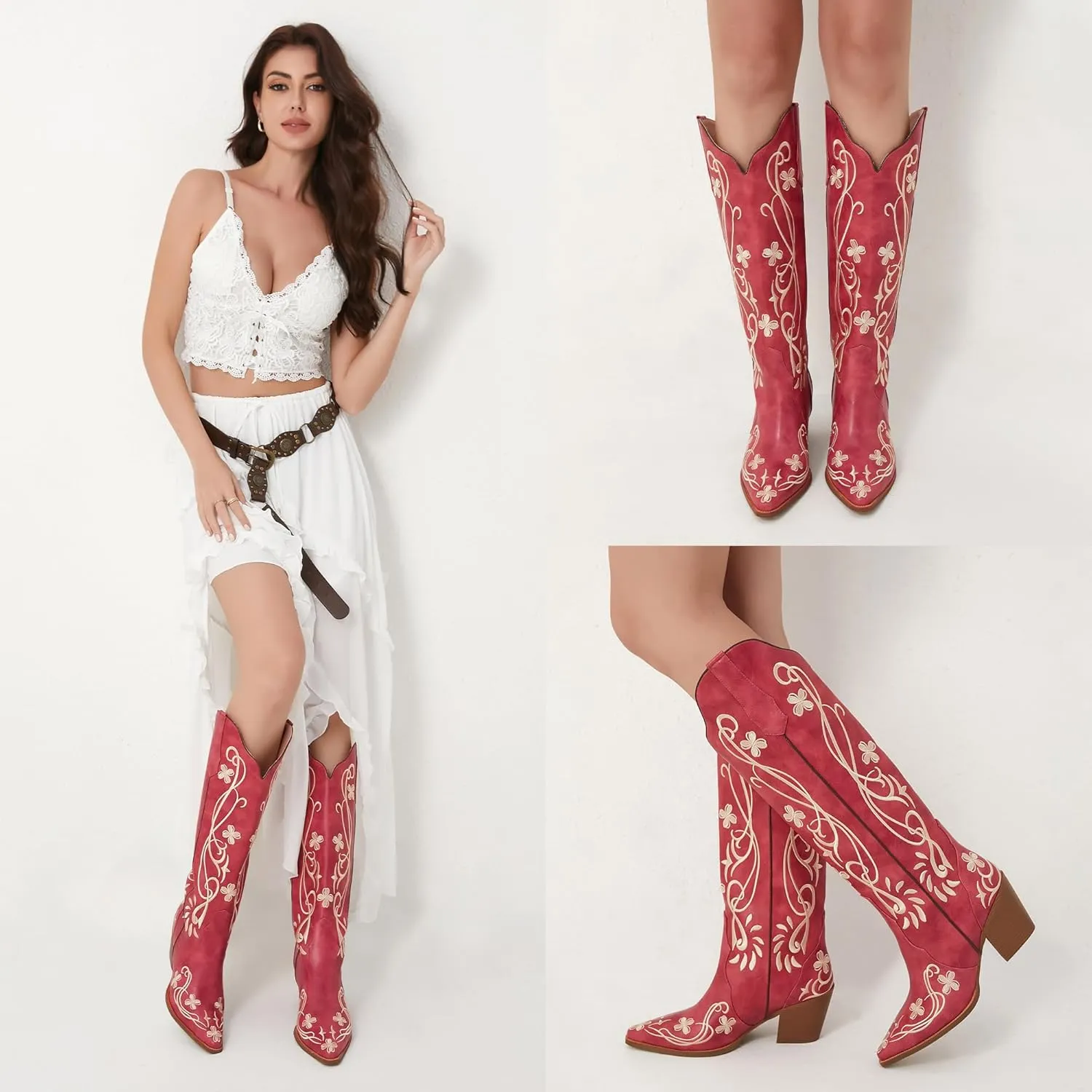 iiimmu Cowgirl Boots Women Knee High Vintage Cowboy Boots with Floral Embroidered Classic Pull On Design Western Footwear