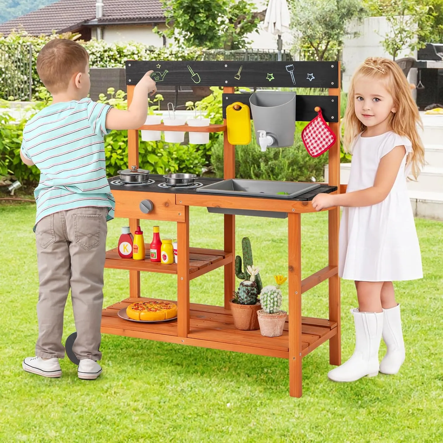 INFANS Mud Kitchen, Outdoor Play Kitchen with Wheels 3 Cups Removable Sink Cooking Accessories Wooden Kids Kitchen Playset Backyard Garden Toys Gift for Boys Girls Ages 3 