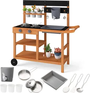 INFANS Mud Kitchen, Outdoor Play Kitchen with Wheels 3 Cups Removable Sink Cooking Accessories Wooden Kids Kitchen Playset Backyard Garden Toys Gift for Boys Girls Ages 3 