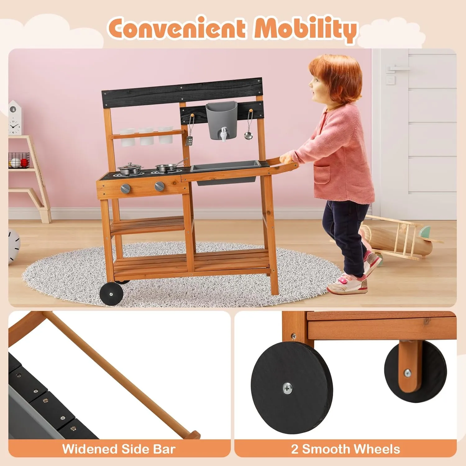 INFANS Mud Kitchen, Outdoor Play Kitchen with Wheels 3 Cups Removable Sink Cooking Accessories Wooden Kids Kitchen Playset Backyard Garden Toys Gift for Boys Girls Ages 3 