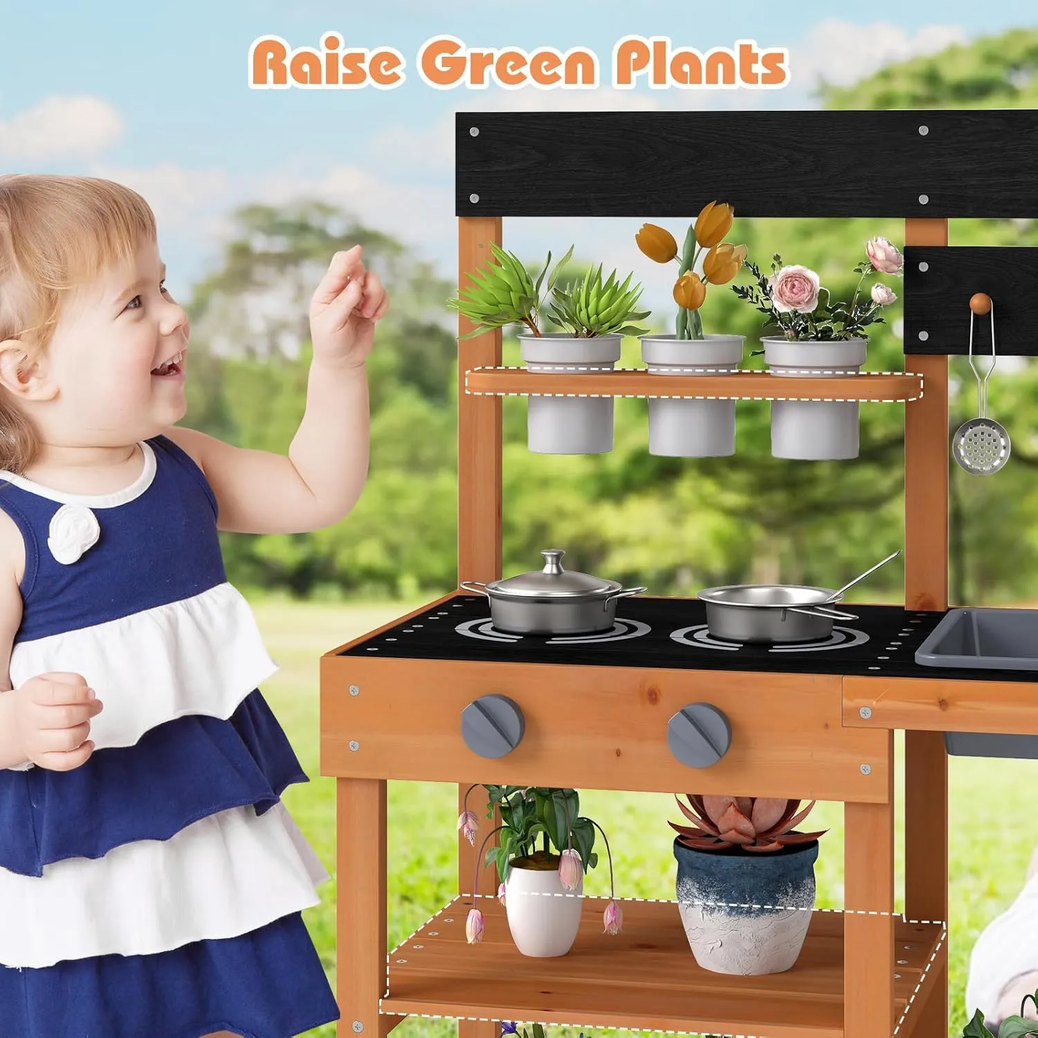 INFANS Mud Kitchen, Outdoor Play Kitchen with Wheels 3 Cups Removable Sink Cooking Accessories Wooden Kids Kitchen Playset Backyard Garden Toys Gift for Boys Girls Ages 3 