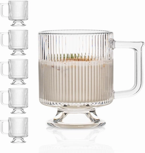 INSETLAN 6-Piece Ribbed Glass Coffee Mug Set, 10 oz Clear Glass Tea Cups with Handle, Modern Vertical Stripe Design for Hot and Cold Drinks – Perfect for Coffee, Tea, Latte, Cappuccino, and More