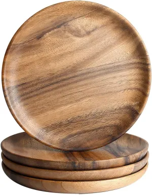 IQCWOOD Wooden Dinner Plates, 6 Inch Round Wood Plates Set of 4, Acacia Wooden Plates Round Tray Easy Cleaning Serving Platter for Food Dessert Salad Plate Fruit Platters