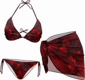 Irisjudy Women's 3 Piece Boho Floral Bathing Suit with Beach Wrap Skirt Sarong Chiffon Swimsuit Tie Side Bikini Set Cover Up