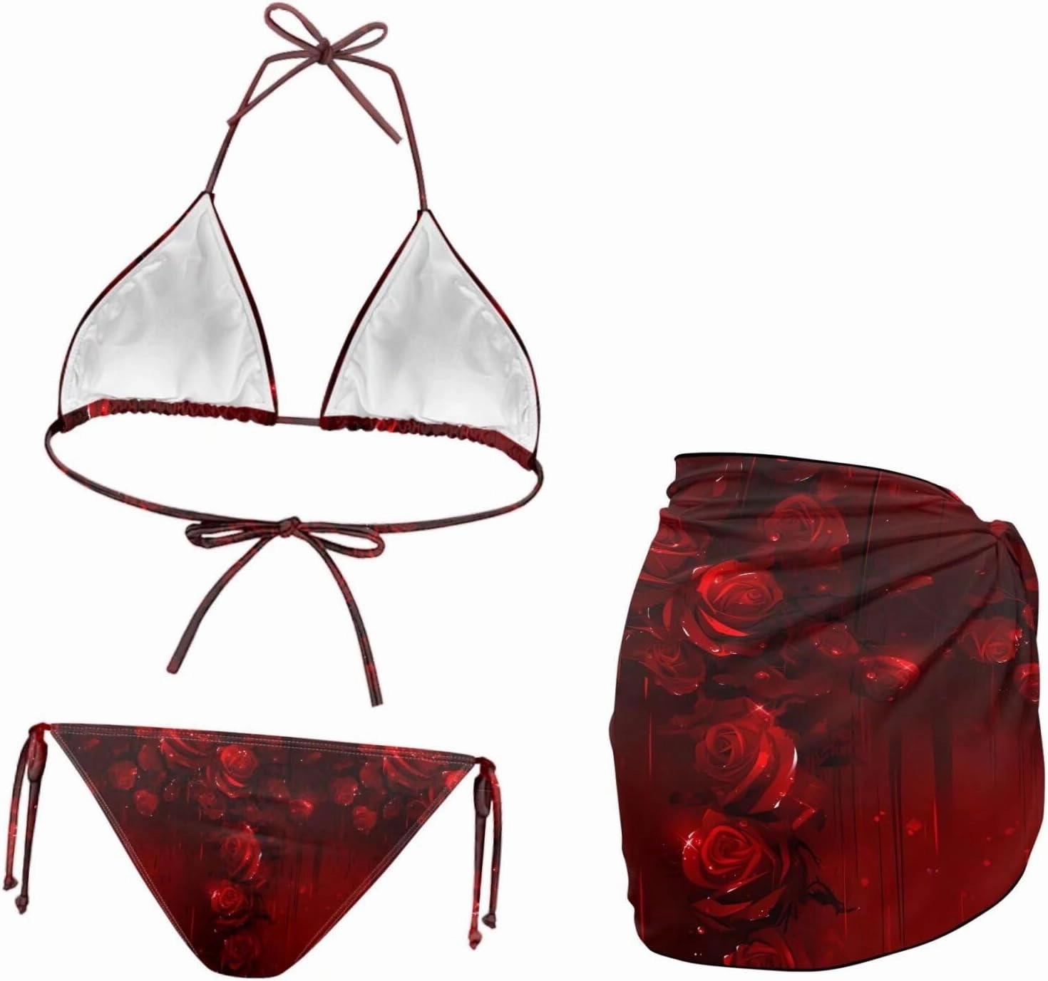 Irisjudy Women's 3 Piece Boho Floral Bathing Suit with Beach Wrap Skirt Sarong Chiffon Swimsuit Tie Side Bikini Set Cover Up