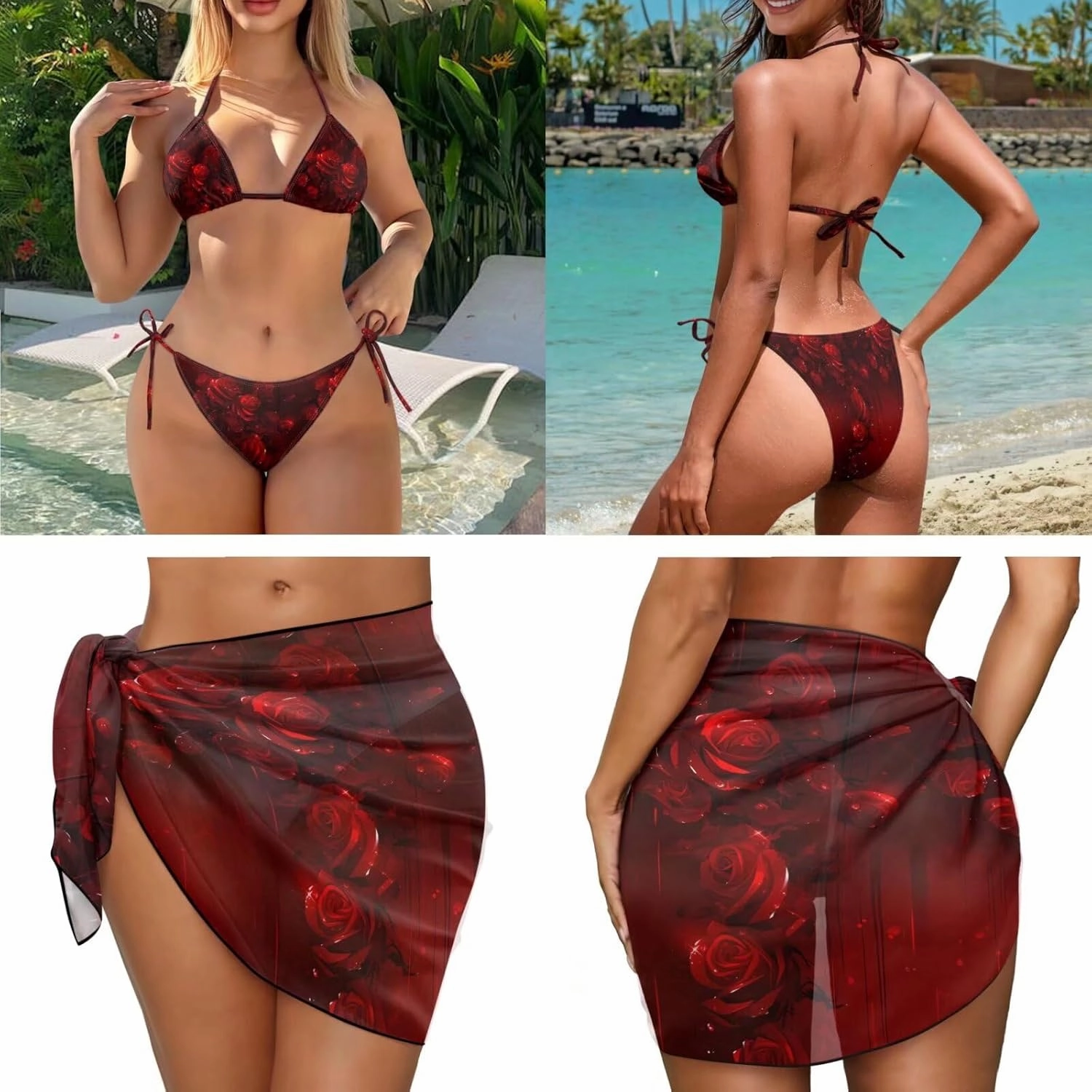 Irisjudy Women's 3 Piece Boho Floral Bathing Suit with Beach Wrap Skirt Sarong Chiffon Swimsuit Tie Side Bikini Set Cover Up