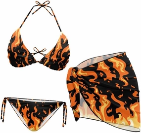 Irisjudy Women's 3 Piece Boho Floral Bathing Suit with Beach Wrap Skirt Sarong Chiffon Swimsuit Tie Side Bikini Set Cover Up