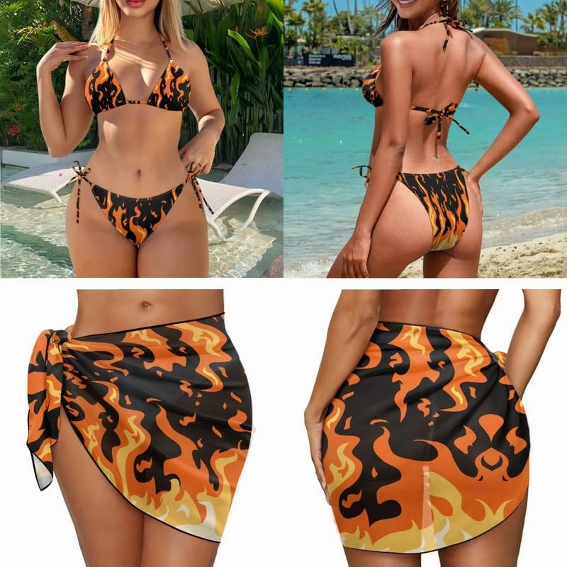 Irisjudy Women's 3 Piece Boho Floral Bathing Suit with Beach Wrap Skirt Sarong Chiffon Swimsuit Tie Side Bikini Set Cover Up