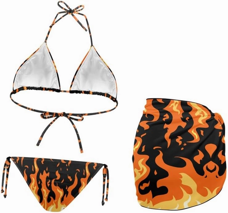 Irisjudy Women's 3 Piece Boho Floral Bathing Suit with Beach Wrap Skirt Sarong Chiffon Swimsuit Tie Side Bikini Set Cover Up