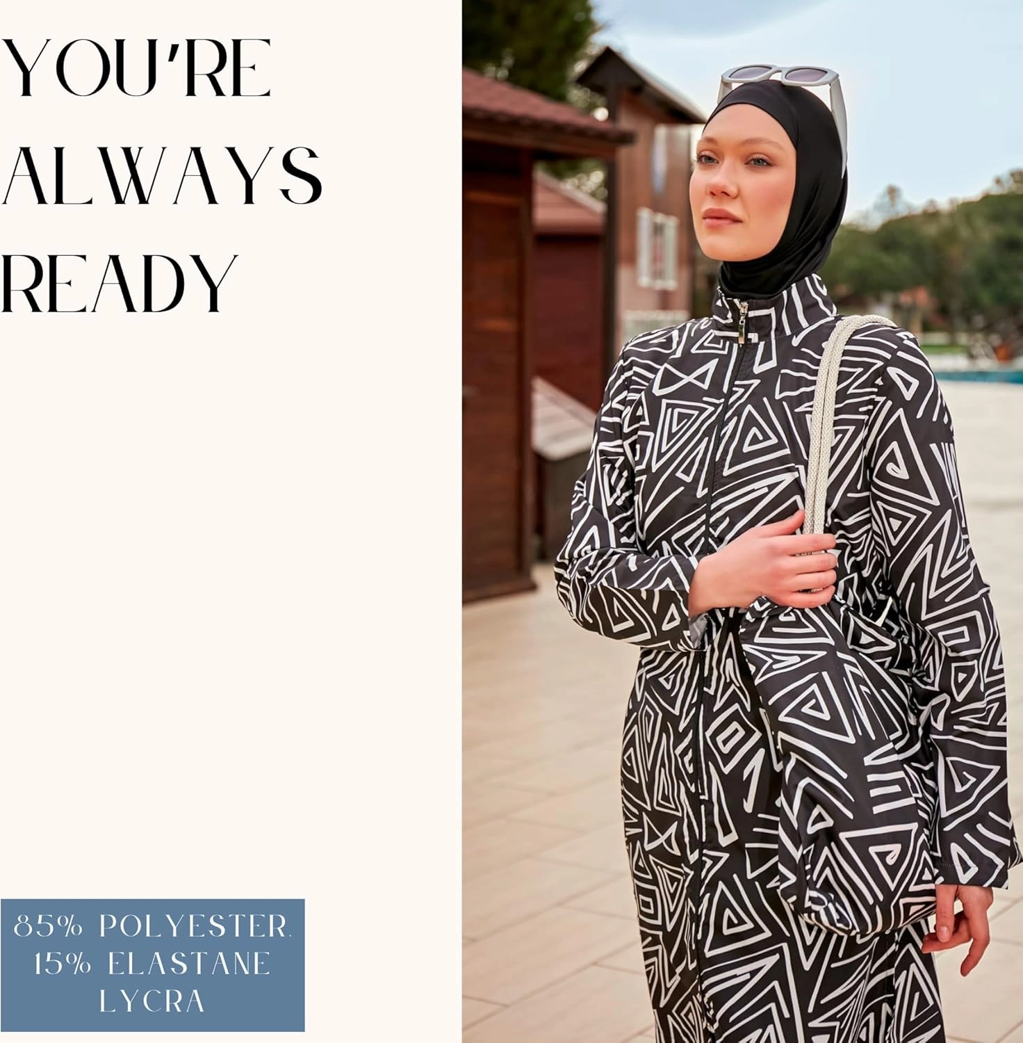Islamic Full-Length Patterned Modest Swimsuit for Women | 4 PCS Muslim Burkini Set | Full Coverage Long Sleeve Rash Guard