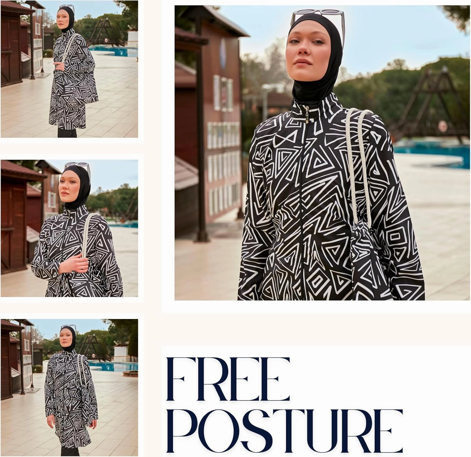 Islamic Full-Length Patterned Modest Swimsuit for Women | 4 PCS Muslim Burkini Set | Full Coverage Long Sleeve Rash Guard