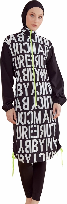 Islamic Full-Length Patterned Modest Swimsuit for Women | 4 PCS Muslim Burkini Set | Full Coverage Long Sleeve Rash Guard