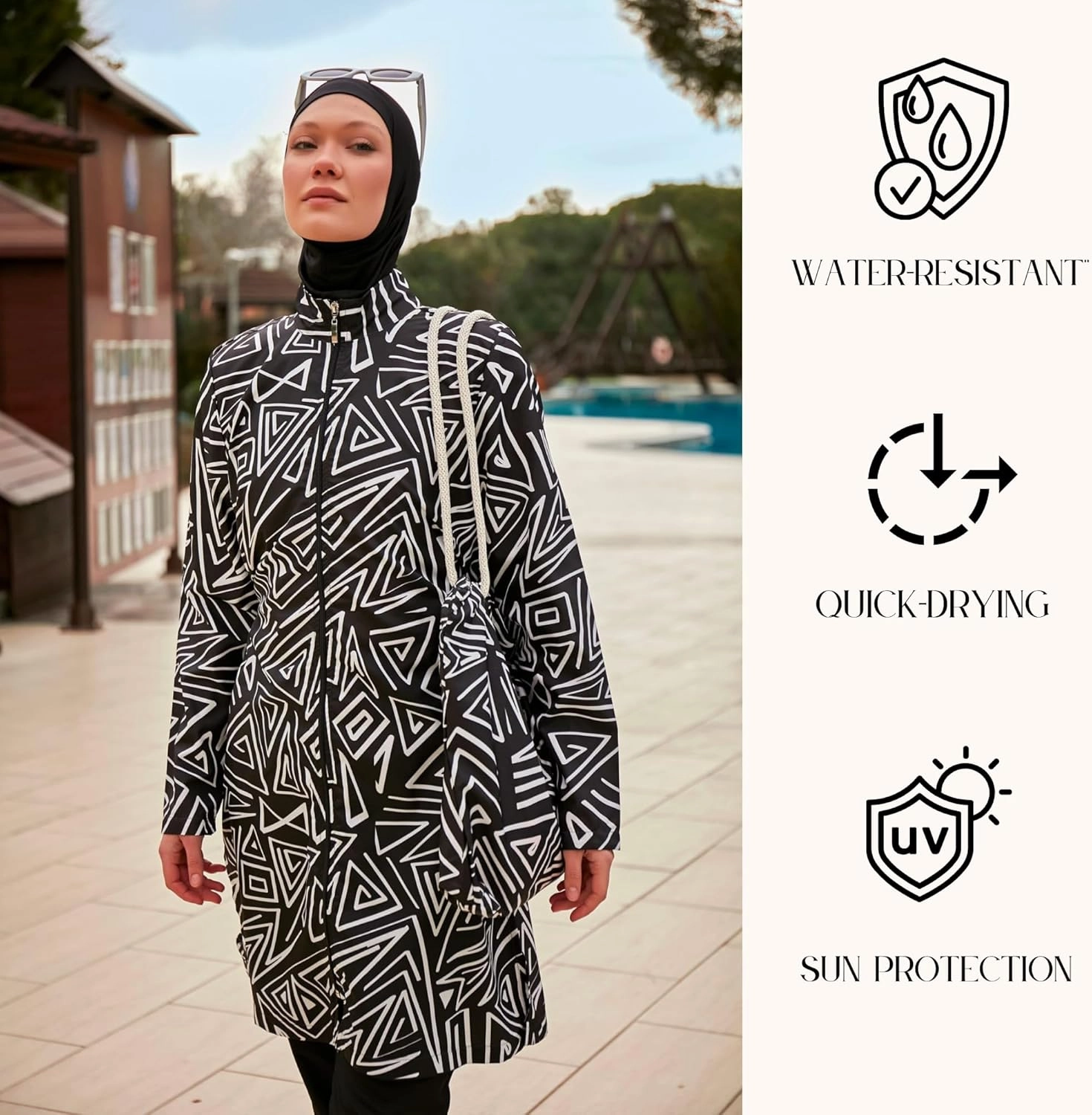 Islamic Full-Length Patterned Modest Swimsuit for Women | 4 PCS Muslim Burkini Set | Full Coverage Long Sleeve Rash Guard