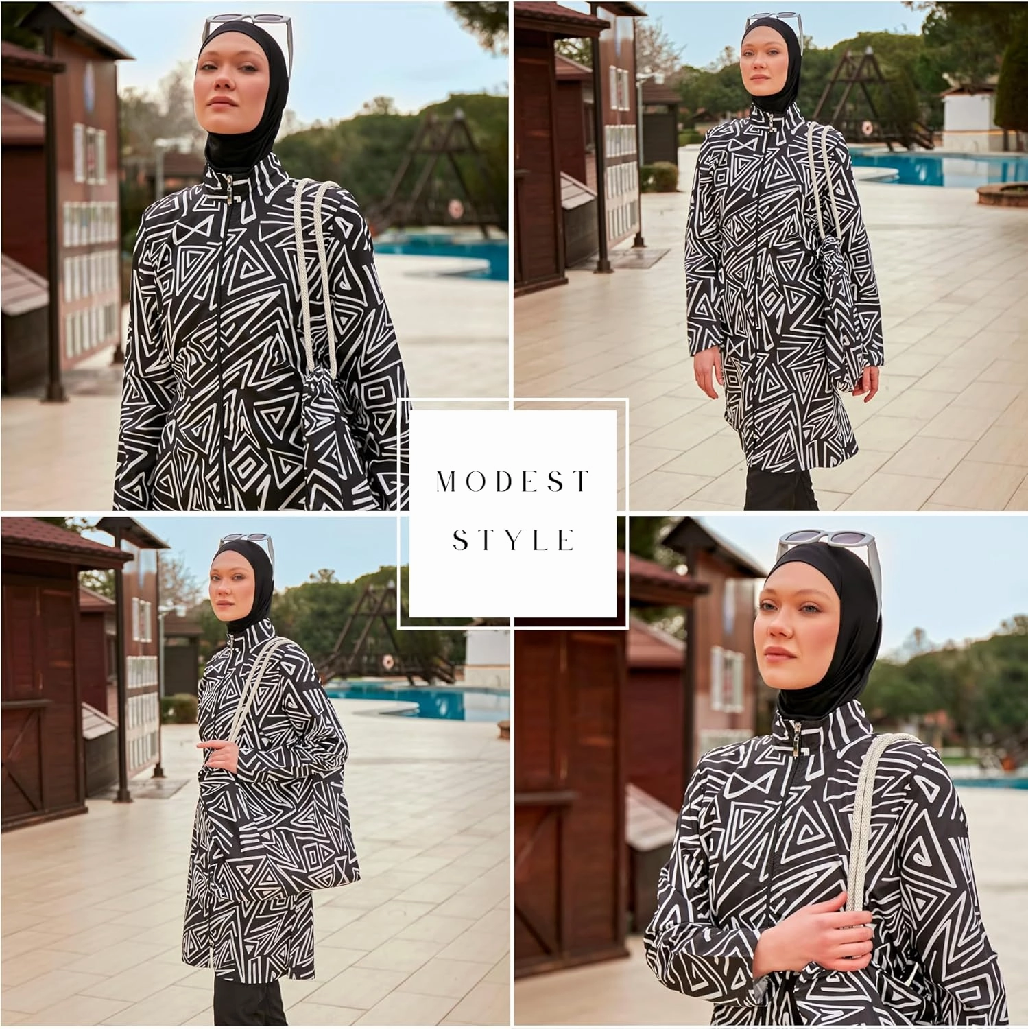 Islamic Full-Length Patterned Modest Swimsuit for Women | 4 PCS Muslim Burkini Set | Full Coverage Long Sleeve Rash Guard