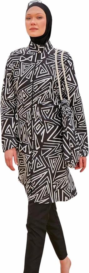 Islamic Full-Length Patterned Modest Swimsuit for Women | 4 PCS Muslim Burkini Set | Full Coverage Long Sleeve Rash Guard