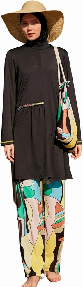 Islamic Full-Length Patterned Modest Swimsuit for Women | 4 PCS Muslim Burkini Set | Full Coverage Long Sleeve Rash Guard