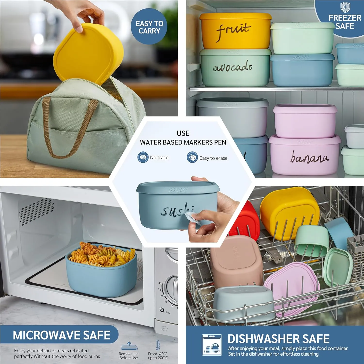 ISSEVE 12Pcs/Set Nesting Silicone Food Storage Containers with Lids, BPA Free Reusable Meal Prep Silicone Containers Airtight, Freezer Dishwasher Safe (33.8oz, 20oz, 10oz, 6.7oz, 1.3oz) (Blue)